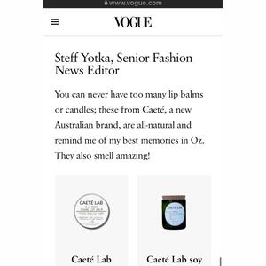 Just in time for spring down under. 

Caeté Lab makes an appearance in Vogue @voguemagazine. 

Editors favourite Vegan Lip Balm and Soy Candle.

Thank you Steff @steffyotka and @_alexisbennett for the mention. 

Love from Oz 💚